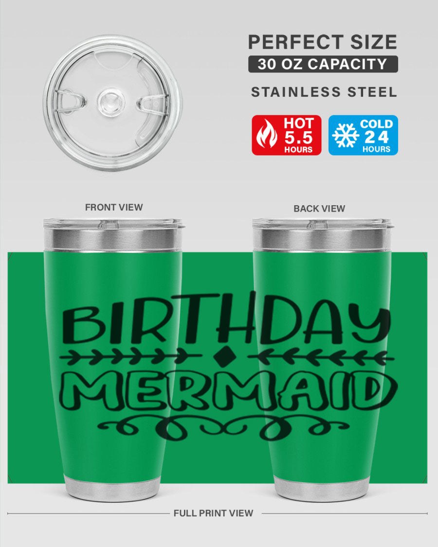 Birthday Mermaid 74# Tumbler in vibrant colors, showcasing its double wall vacuum stainless steel design and drink-thru lid.