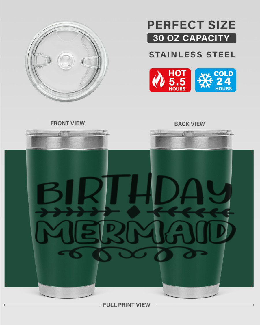 Birthday Mermaid 74# Tumbler in vibrant colors, showcasing its double wall vacuum stainless steel design and drink-thru lid.