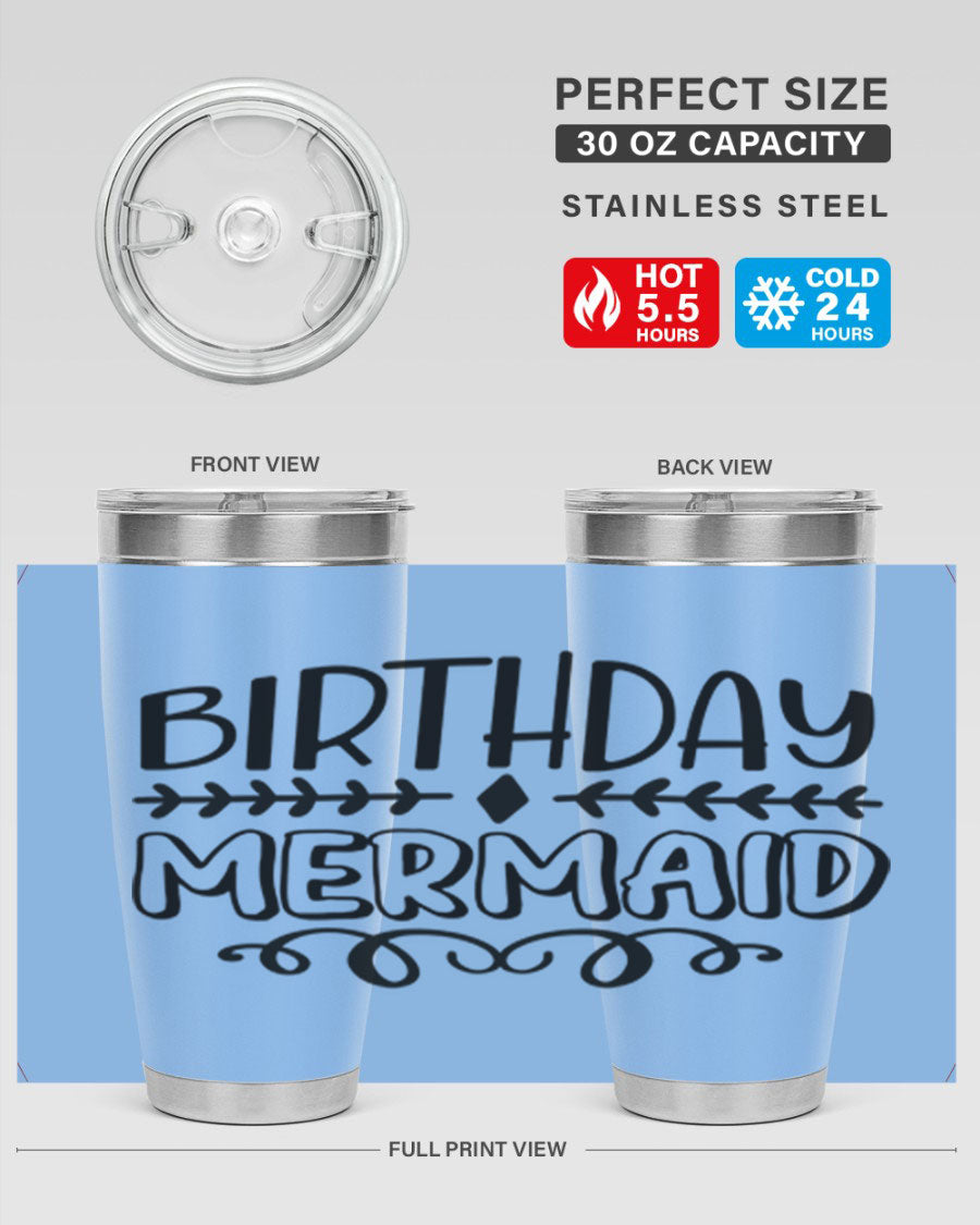 Birthday Mermaid 74# Tumbler in vibrant colors, showcasing its double wall vacuum stainless steel design and drink-thru lid.