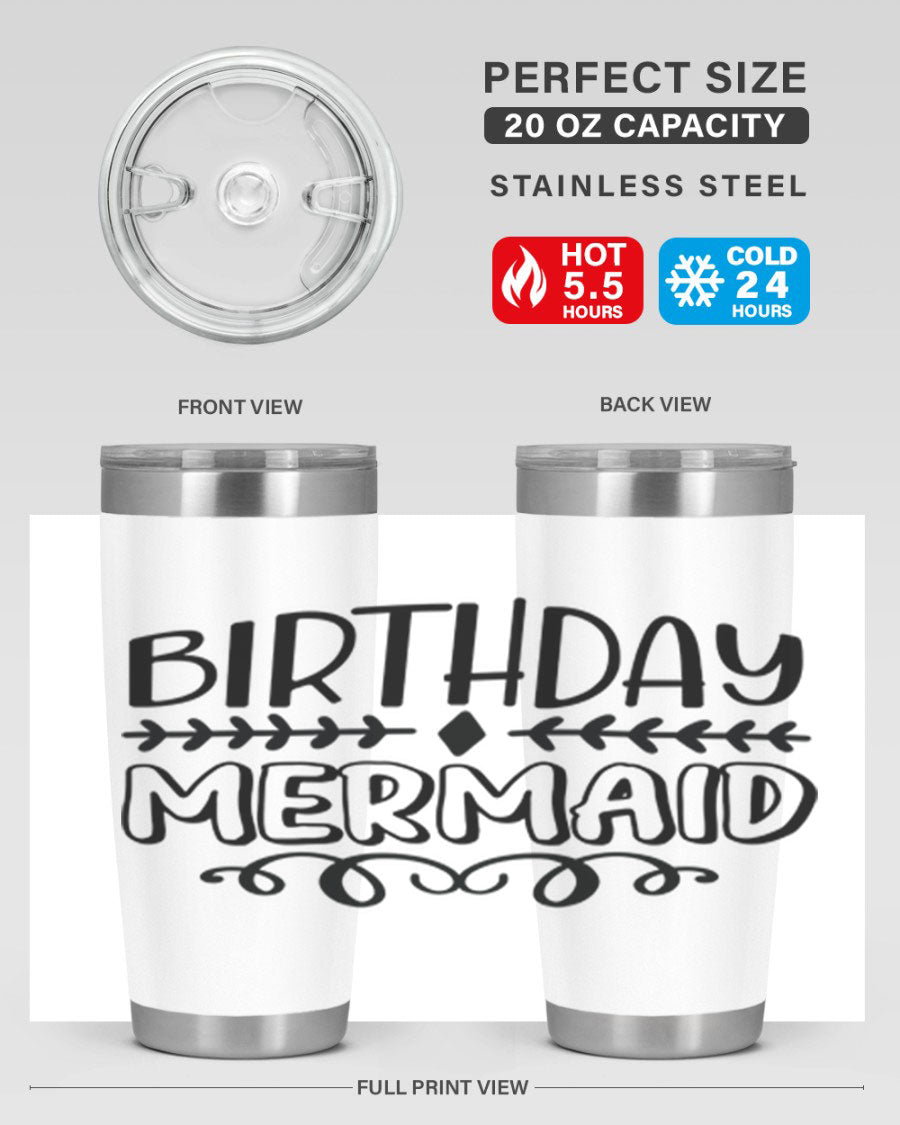 Birthday Mermaid 74# Tumbler in vibrant colors, showcasing its double wall vacuum stainless steel design and drink-thru lid.