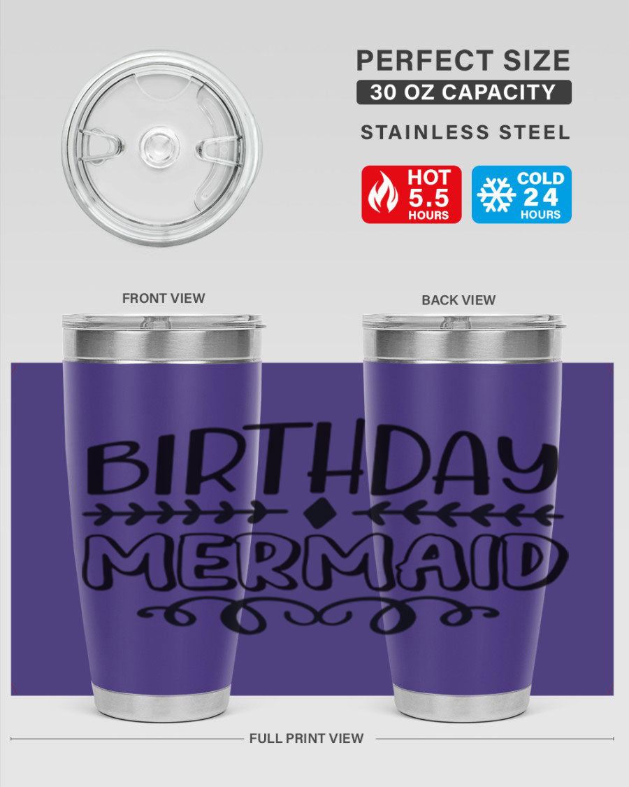 Birthday Mermaid 74# Tumbler in vibrant colors, showcasing its double wall vacuum stainless steel design and drink-thru lid.