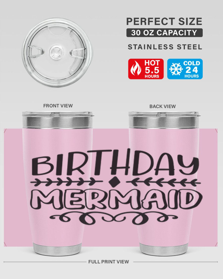 Birthday Mermaid 74# Tumbler in vibrant colors, showcasing its double wall vacuum stainless steel design and drink-thru lid.