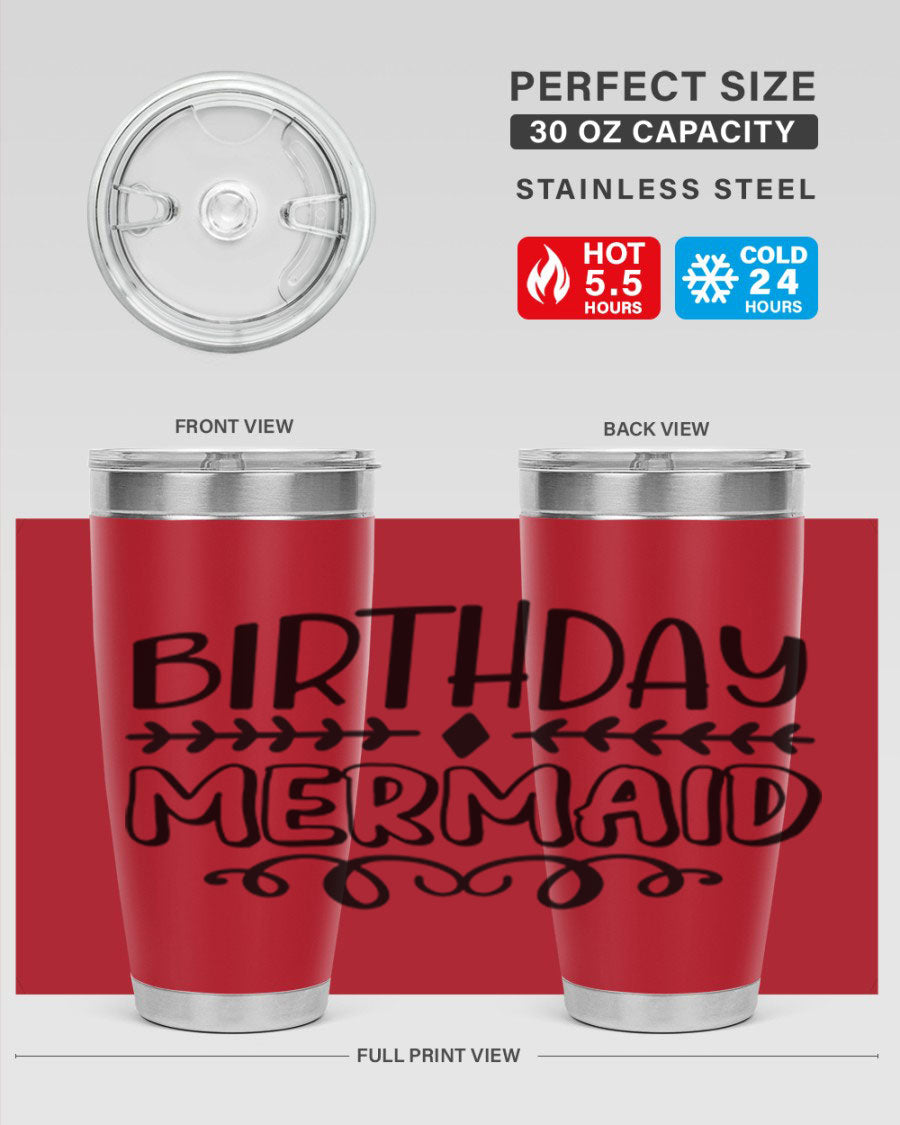 Birthday Mermaid 74# Tumbler in vibrant colors, showcasing its double wall vacuum stainless steel design and drink-thru lid.