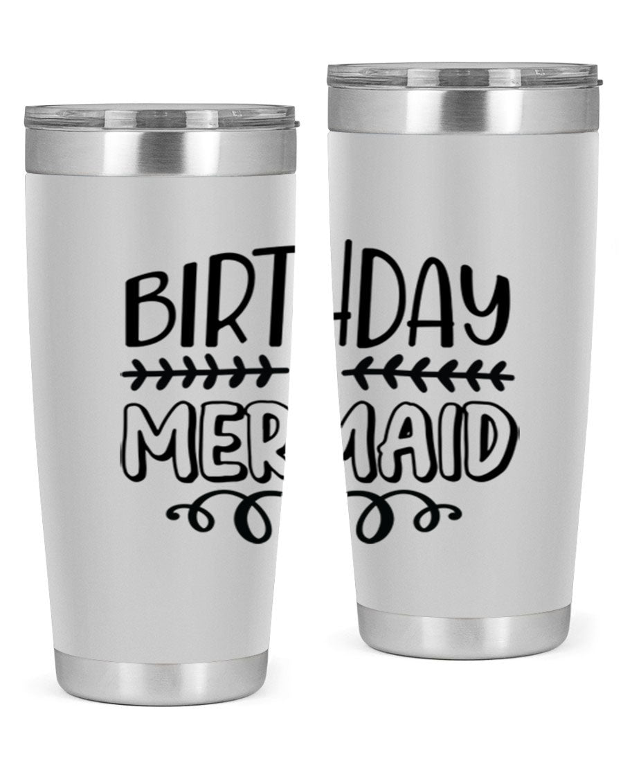 Birthday Mermaid 74# Tumbler in vibrant colors, showcasing its double wall vacuum stainless steel design and drink-thru lid.