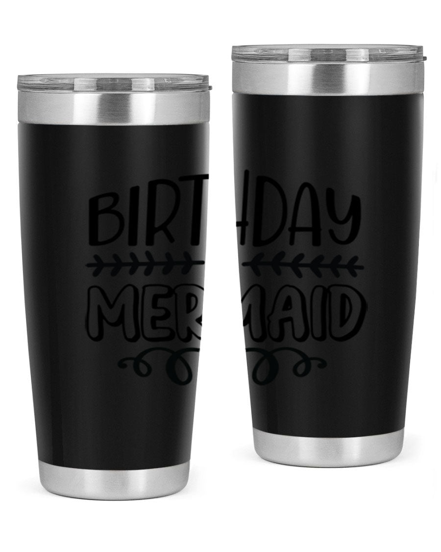 Birthday Mermaid 74# Tumbler in vibrant colors, showcasing its double wall vacuum stainless steel design and drink-thru lid.