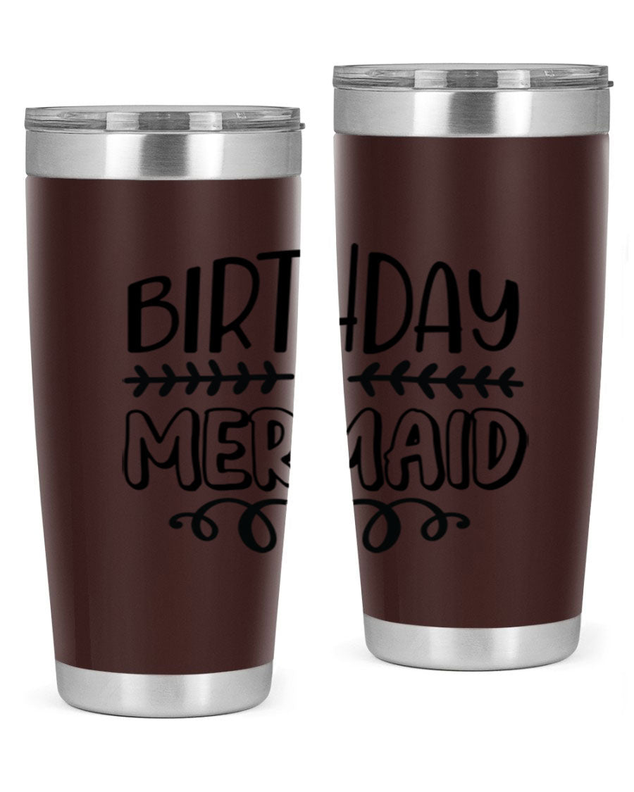 Birthday Mermaid 74# Tumbler in vibrant colors, showcasing its double wall vacuum stainless steel design and drink-thru lid.