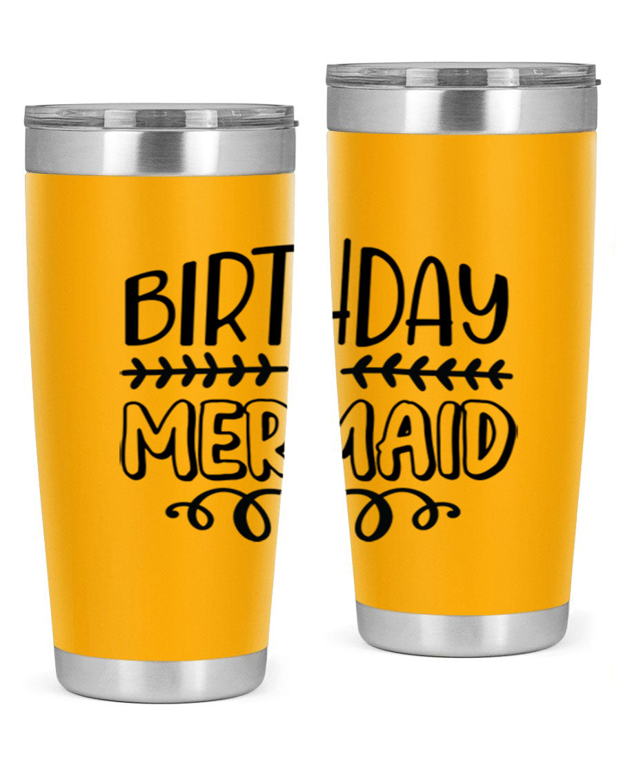 Birthday Mermaid 74# Tumbler in vibrant colors, showcasing its double wall vacuum stainless steel design and drink-thru lid.