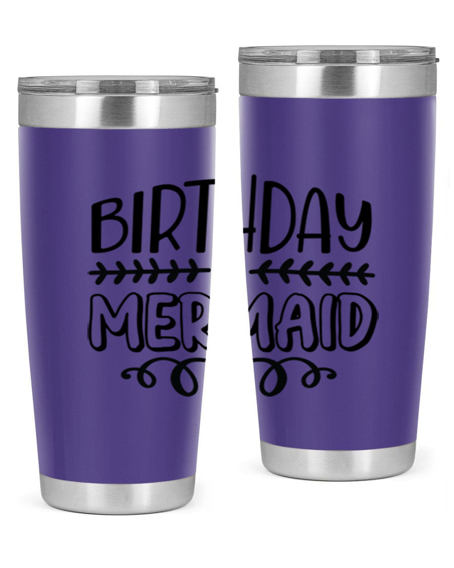 Birthday Mermaid 74# Tumbler in vibrant colors, showcasing its double wall vacuum stainless steel design and drink-thru lid.