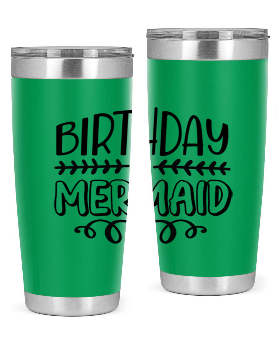 Birthday Mermaid 74# Tumbler in vibrant colors, showcasing its double wall vacuum stainless steel design and drink-thru lid.