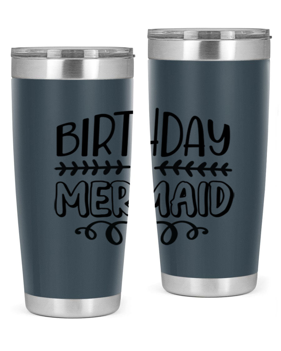 Birthday Mermaid 74# Tumbler in vibrant colors, showcasing its double wall vacuum stainless steel design and drink-thru lid.