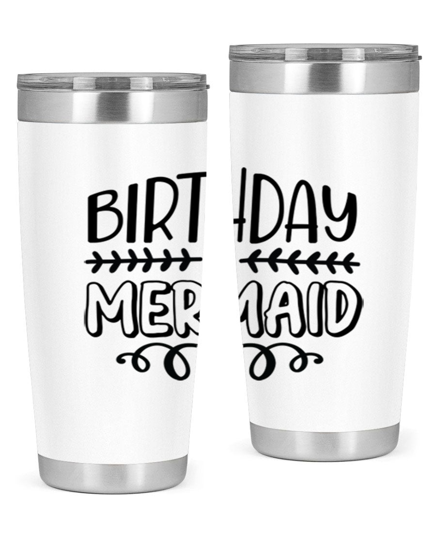 Birthday Mermaid 74# Tumbler in vibrant colors, showcasing its double wall vacuum stainless steel design and drink-thru lid.