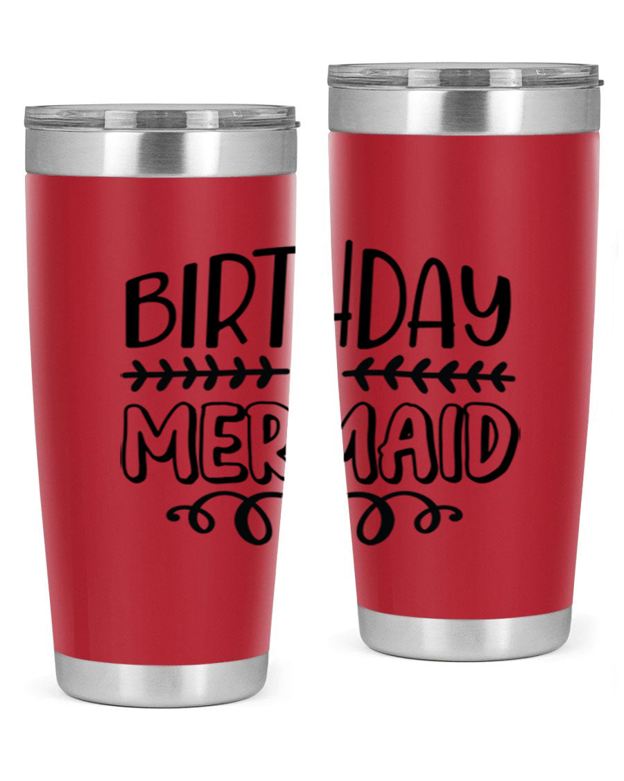 Birthday Mermaid 74# Tumbler in vibrant colors, showcasing its double wall vacuum stainless steel design and drink-thru lid.