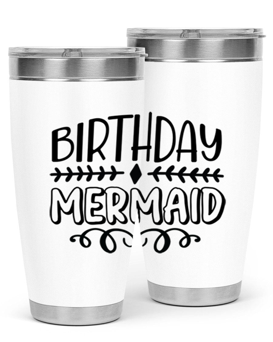 Birthday Mermaid 74# Tumbler in vibrant colors, showcasing its double wall vacuum stainless steel design and drink-thru lid.