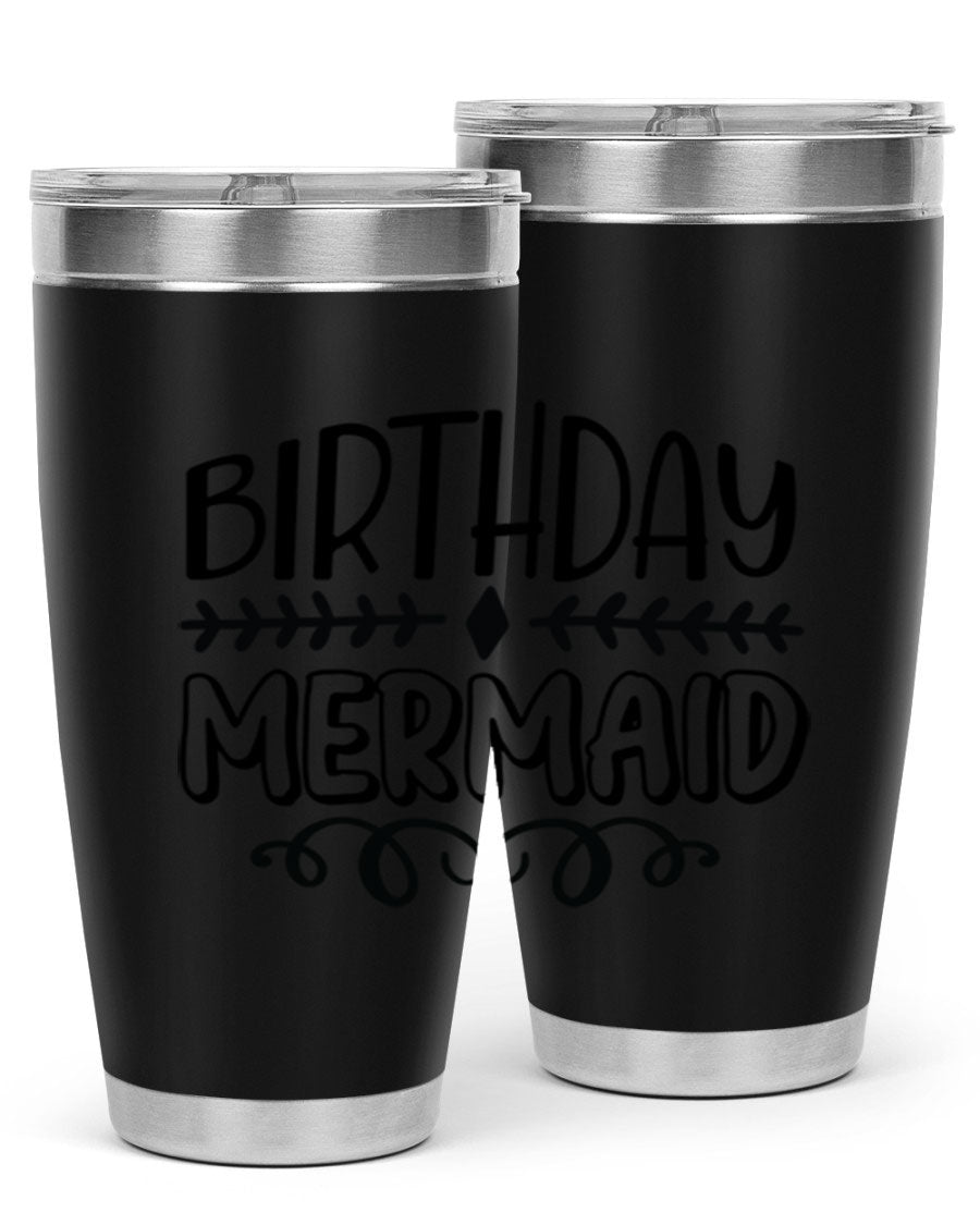 Birthday Mermaid 74# Tumbler in vibrant colors, showcasing its double wall vacuum stainless steel design and drink-thru lid.