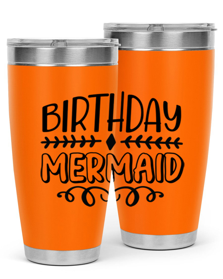 Birthday Mermaid 74# Tumbler in vibrant colors, showcasing its double wall vacuum stainless steel design and drink-thru lid.