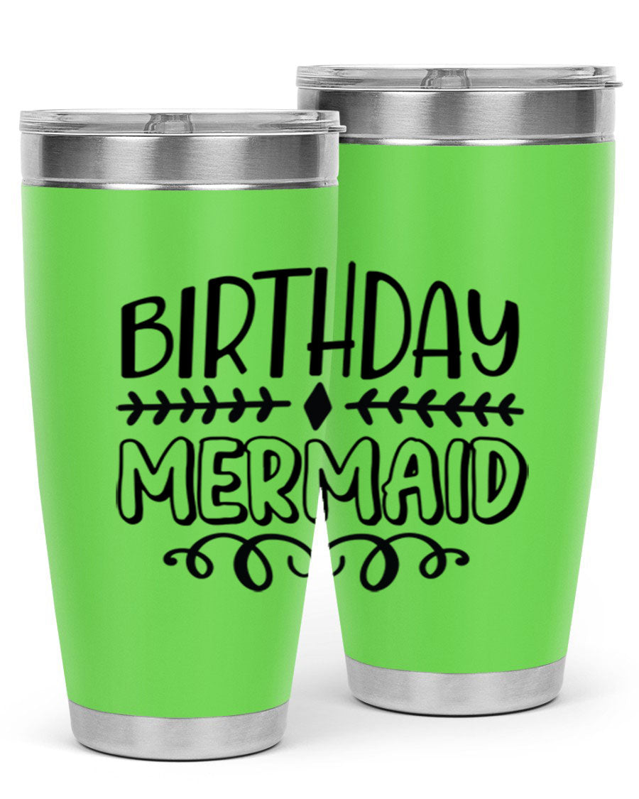 Birthday Mermaid 74# Tumbler in vibrant colors, showcasing its double wall vacuum stainless steel design and drink-thru lid.