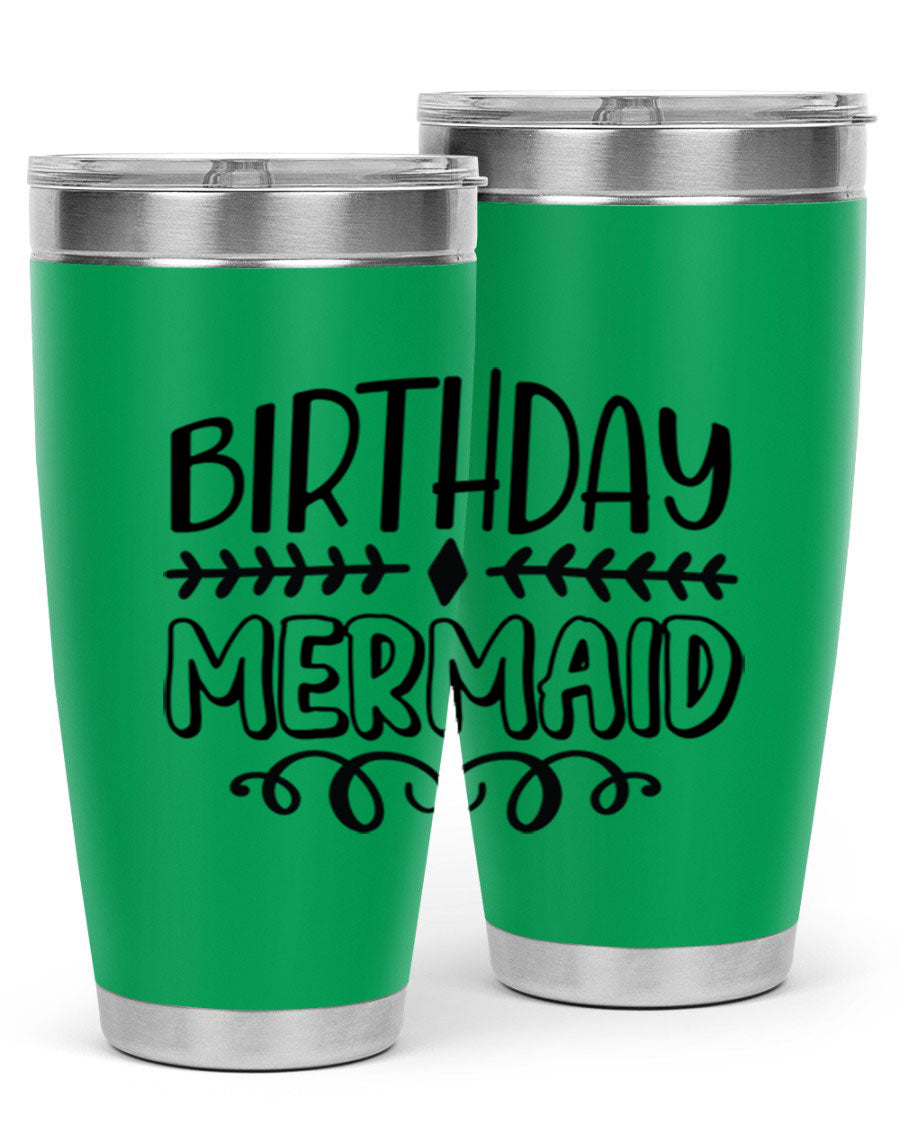 Birthday Mermaid 74# Tumbler in vibrant colors, showcasing its double wall vacuum stainless steel design and drink-thru lid.