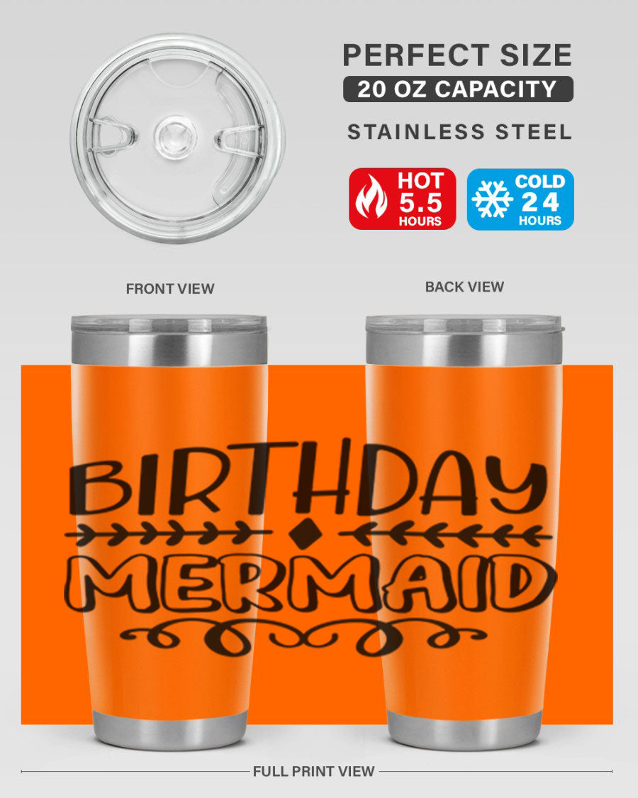 Birthday Mermaid 74# Tumbler in vibrant colors, showcasing its double wall vacuum stainless steel design and drink-thru lid.