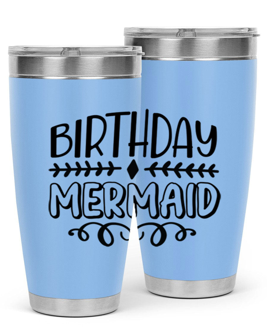 Birthday Mermaid 74# Tumbler in vibrant colors, showcasing its double wall vacuum stainless steel design and drink-thru lid.