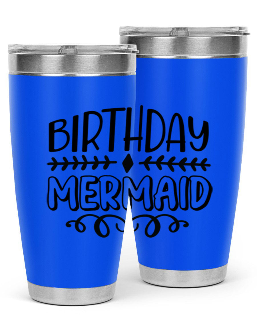 Birthday Mermaid 74# Tumbler in vibrant colors, showcasing its double wall vacuum stainless steel design and drink-thru lid.