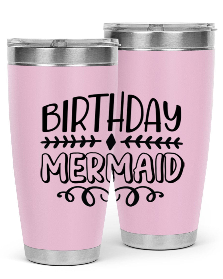 Birthday Mermaid 74# Tumbler in vibrant colors, showcasing its double wall vacuum stainless steel design and drink-thru lid.