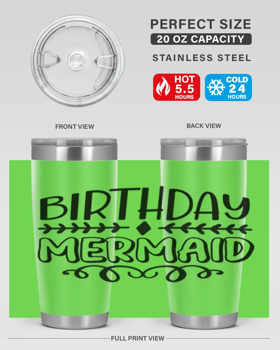 Birthday Mermaid 74# Tumbler in vibrant colors, showcasing its double wall vacuum stainless steel design and drink-thru lid.