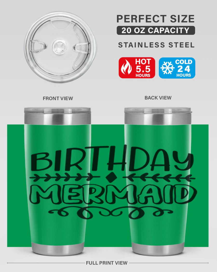 Birthday Mermaid 74# Tumbler in vibrant colors, showcasing its double wall vacuum stainless steel design and drink-thru lid.