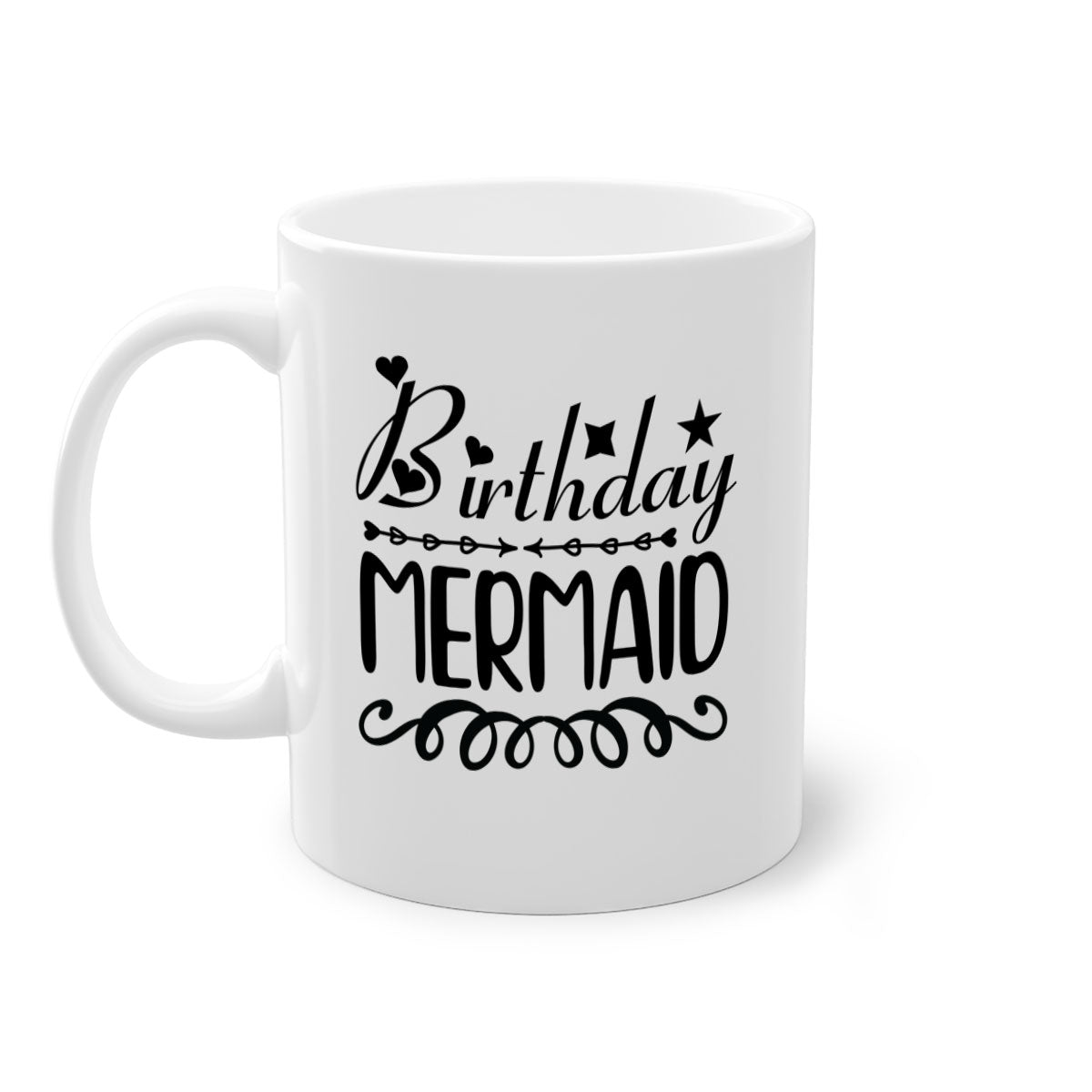 Colorful Birthday Mermaid Mug with glossy finish and C-shaped handle, available in multiple colors and sizes.