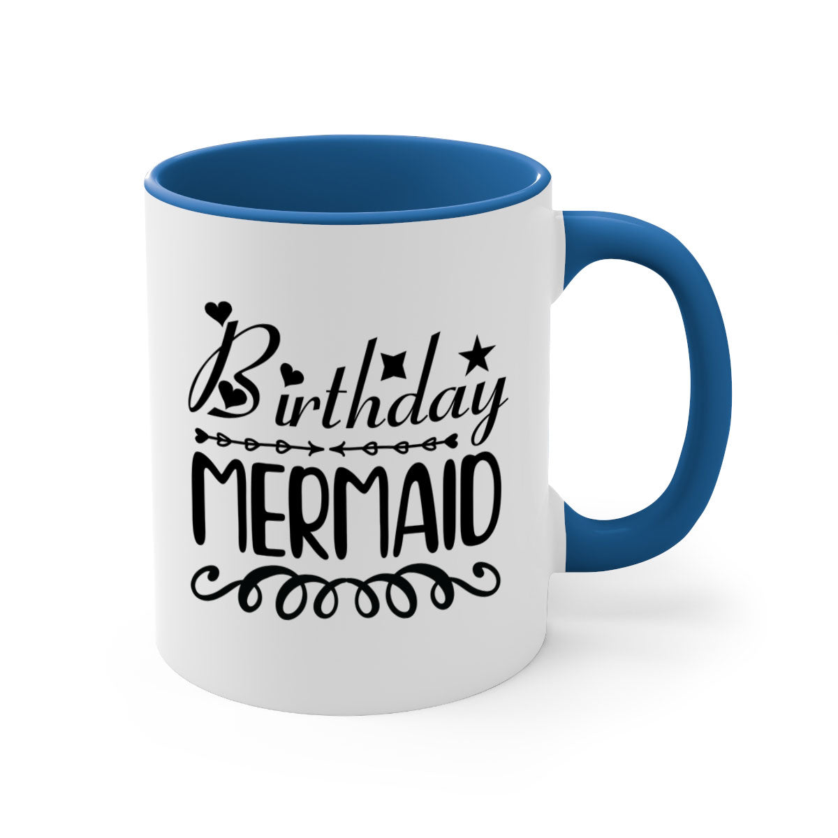 Colorful Birthday Mermaid Mug with glossy finish and C-shaped handle, available in multiple colors and sizes.