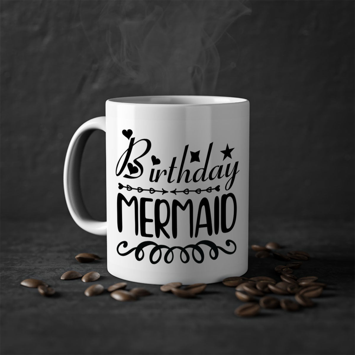 Colorful Birthday Mermaid Mug with glossy finish and C-shaped handle, available in multiple colors and sizes.