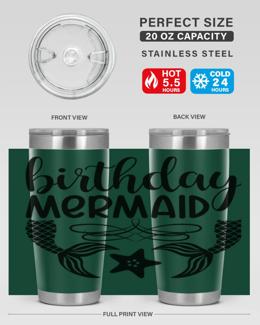 Birthday Mermaid 76# Tumbler featuring vibrant design, double wall vacuum insulation, and a convenient drink-thru lid.