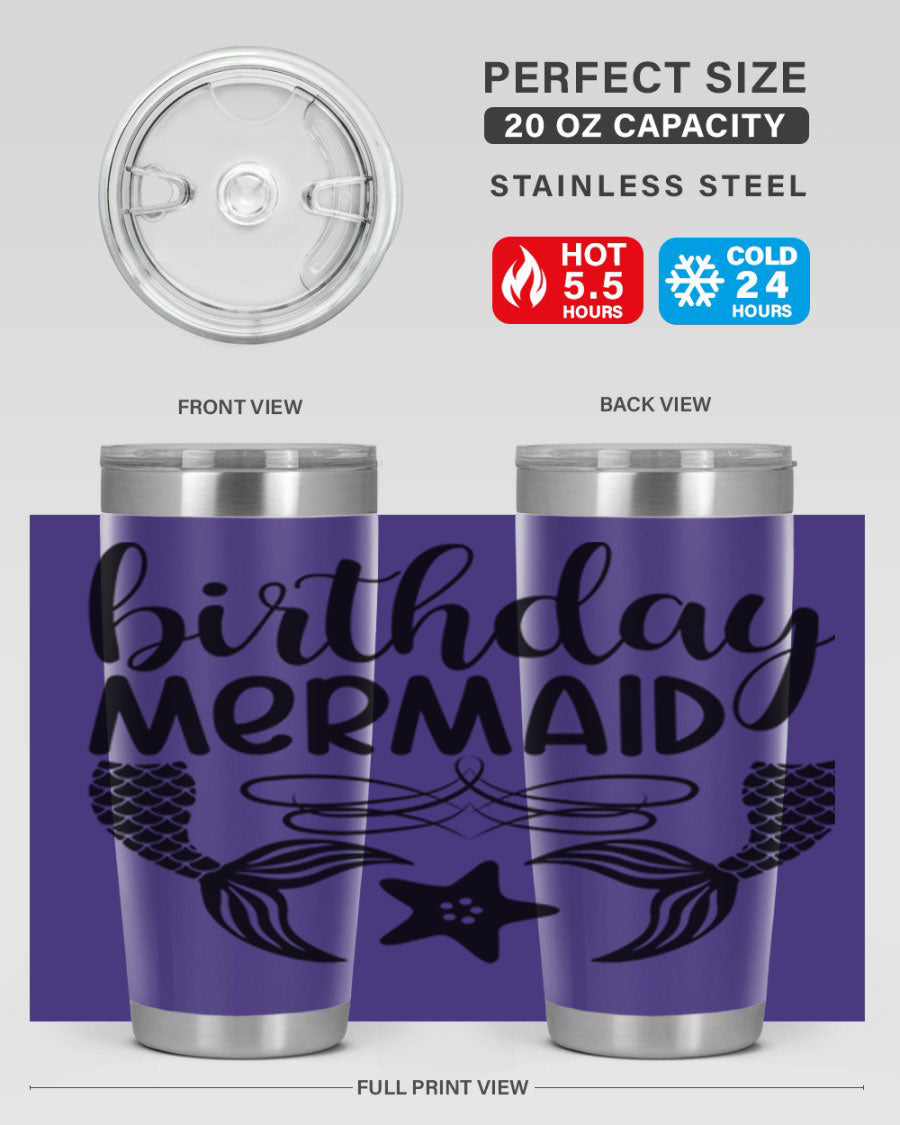 Birthday Mermaid 76# Tumbler featuring vibrant design, double wall vacuum insulation, and a convenient drink-thru lid.