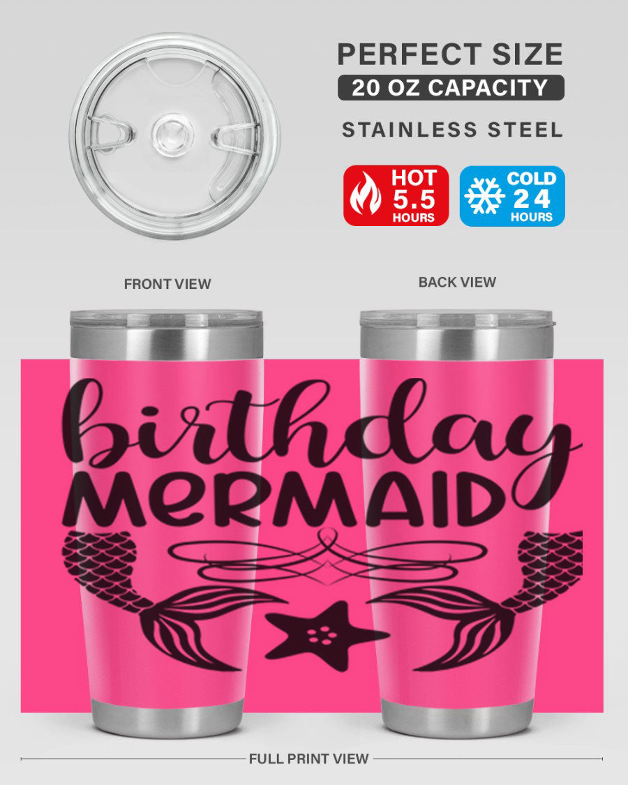 Birthday Mermaid 76# Tumbler featuring vibrant design, double wall vacuum insulation, and a convenient drink-thru lid.