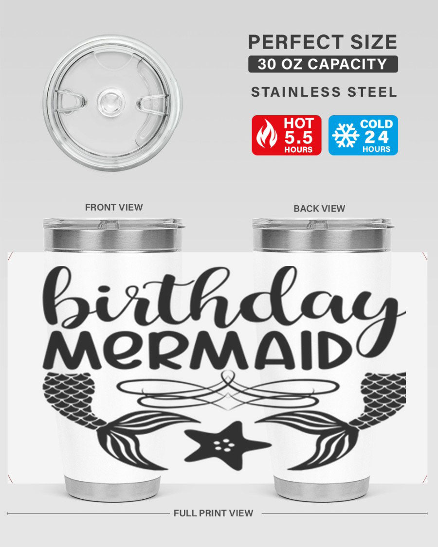 Birthday Mermaid 76# Tumbler featuring vibrant design, double wall vacuum insulation, and a convenient drink-thru lid.