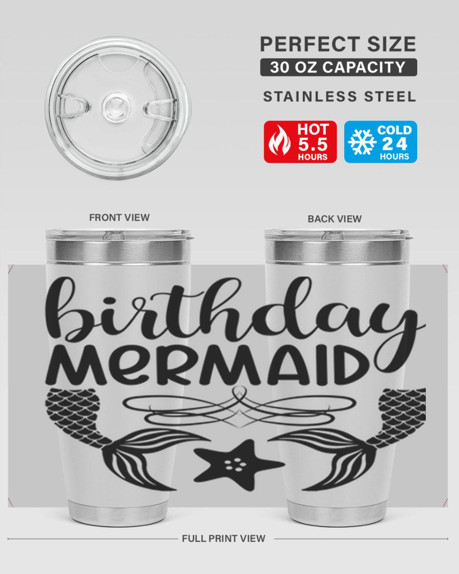 Birthday Mermaid 76# Tumbler featuring vibrant design, double wall vacuum insulation, and a convenient drink-thru lid.