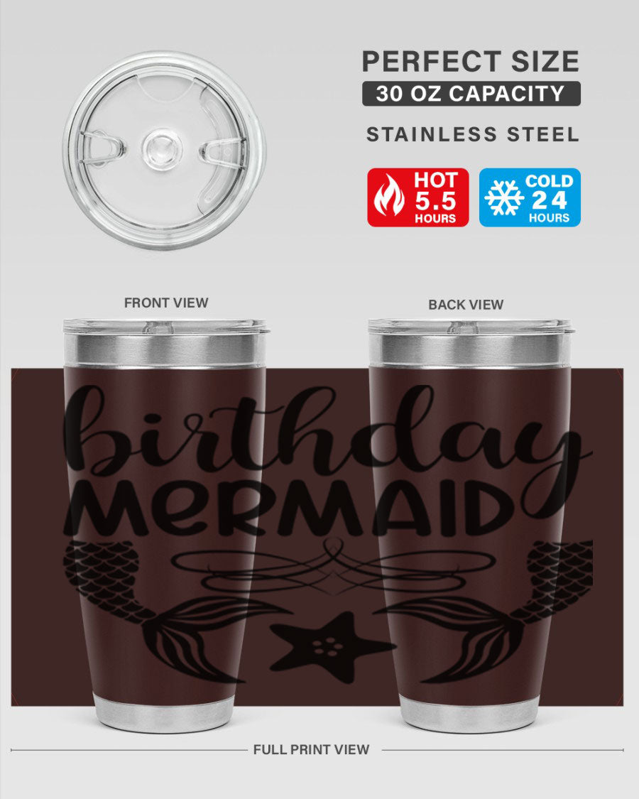 Birthday Mermaid 76# Tumbler featuring vibrant design, double wall vacuum insulation, and a convenient drink-thru lid.