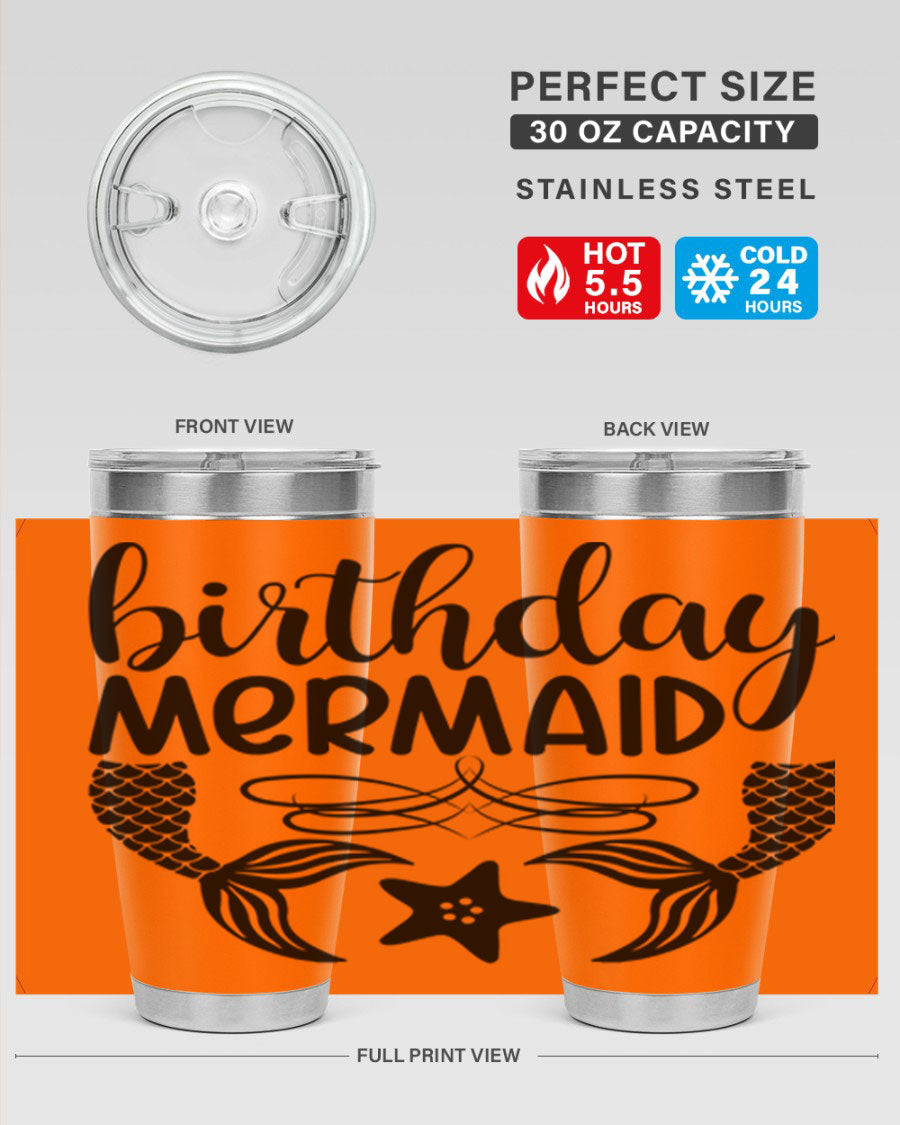 Birthday Mermaid 76# Tumbler featuring vibrant design, double wall vacuum insulation, and a convenient drink-thru lid.