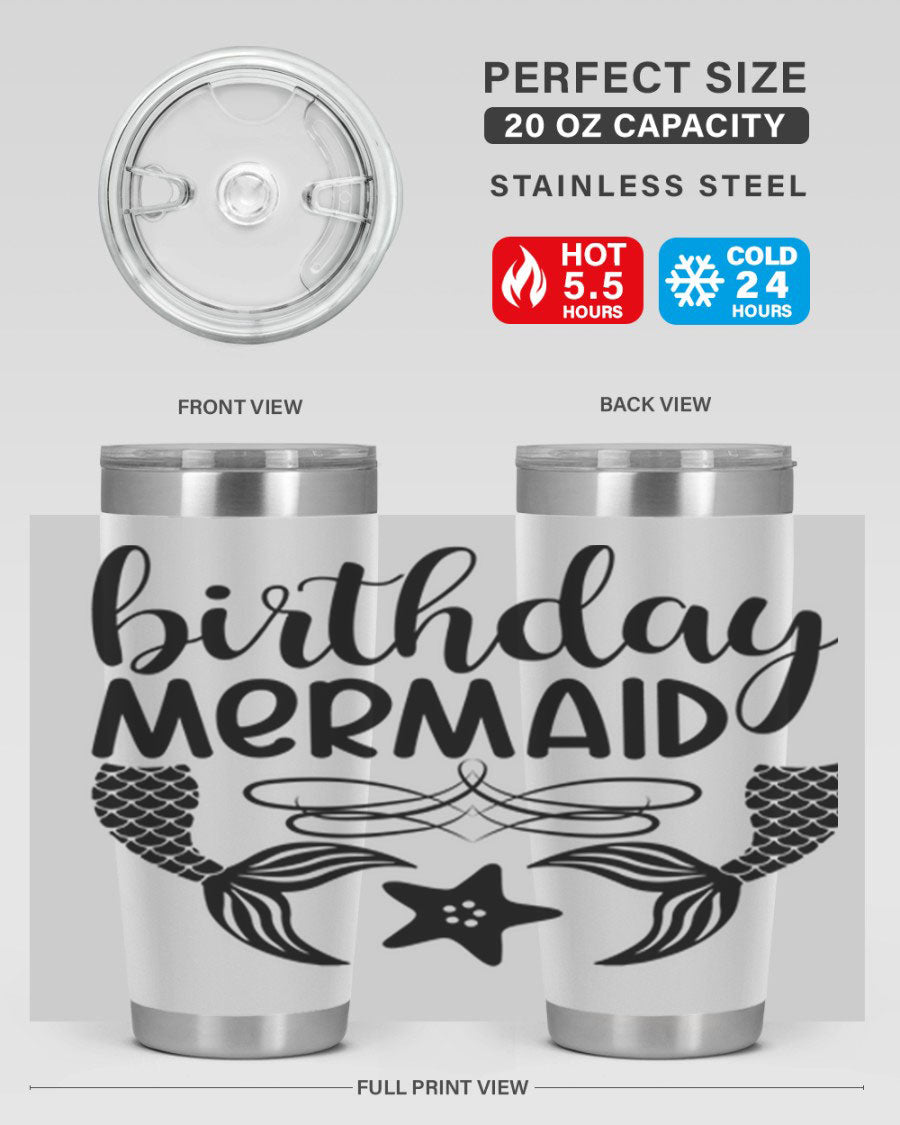 Birthday Mermaid 76# Tumbler featuring vibrant design, double wall vacuum insulation, and a convenient drink-thru lid.