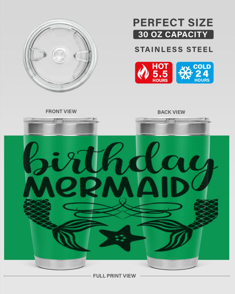 Birthday Mermaid 76# Tumbler featuring vibrant design, double wall vacuum insulation, and a convenient drink-thru lid.