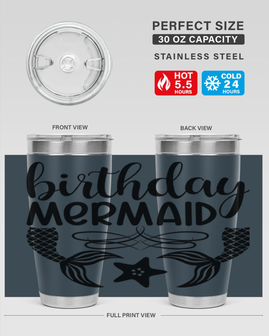 Birthday Mermaid 76# Tumbler featuring vibrant design, double wall vacuum insulation, and a convenient drink-thru lid.