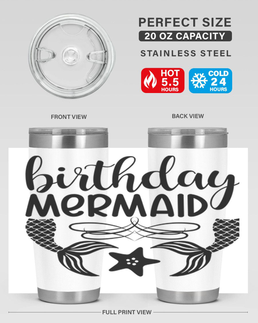 Birthday Mermaid 76# Tumbler featuring vibrant design, double wall vacuum insulation, and a convenient drink-thru lid.