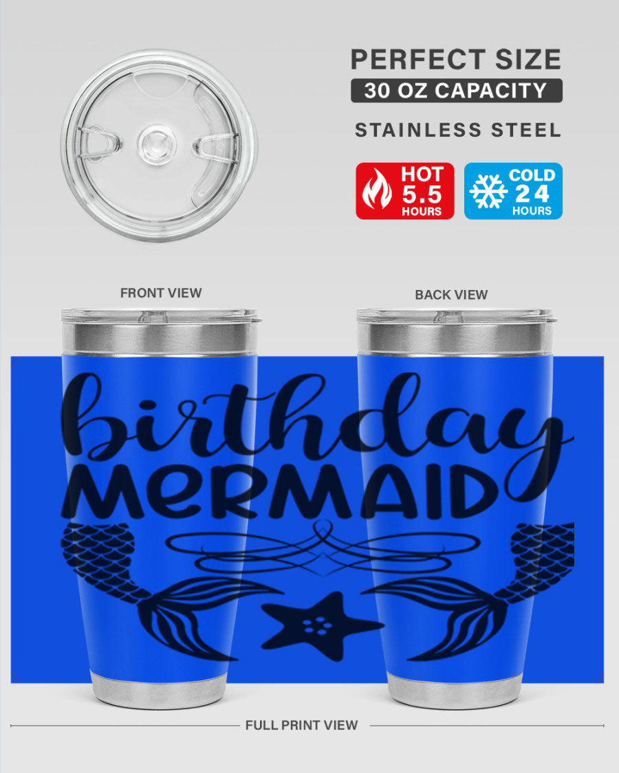 Birthday Mermaid 76# Tumbler featuring vibrant design, double wall vacuum insulation, and a convenient drink-thru lid.