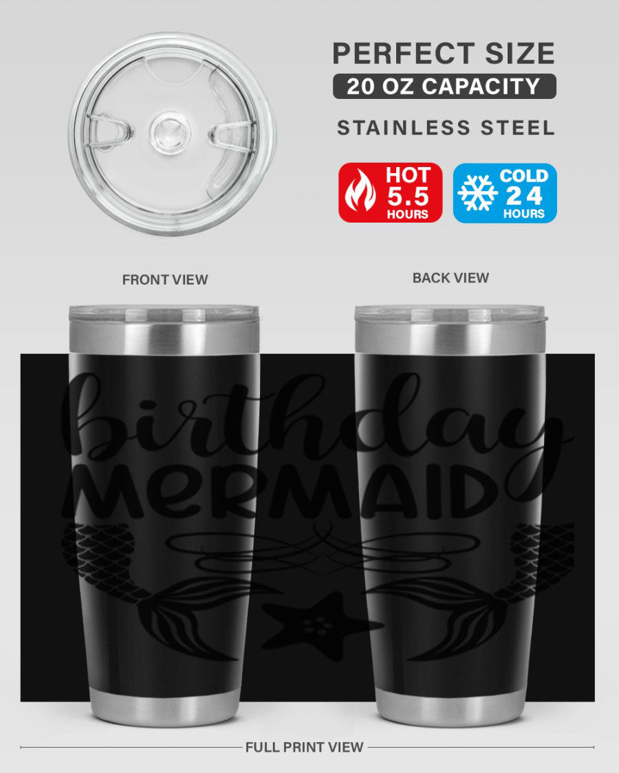 Birthday Mermaid 76# Tumbler featuring vibrant design, double wall vacuum insulation, and a convenient drink-thru lid.