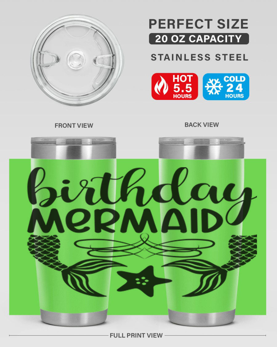 Birthday Mermaid 76# Tumbler featuring vibrant design, double wall vacuum insulation, and a convenient drink-thru lid.