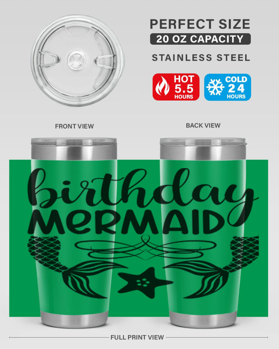 Birthday Mermaid 76# Tumbler featuring vibrant design, double wall vacuum insulation, and a convenient drink-thru lid.