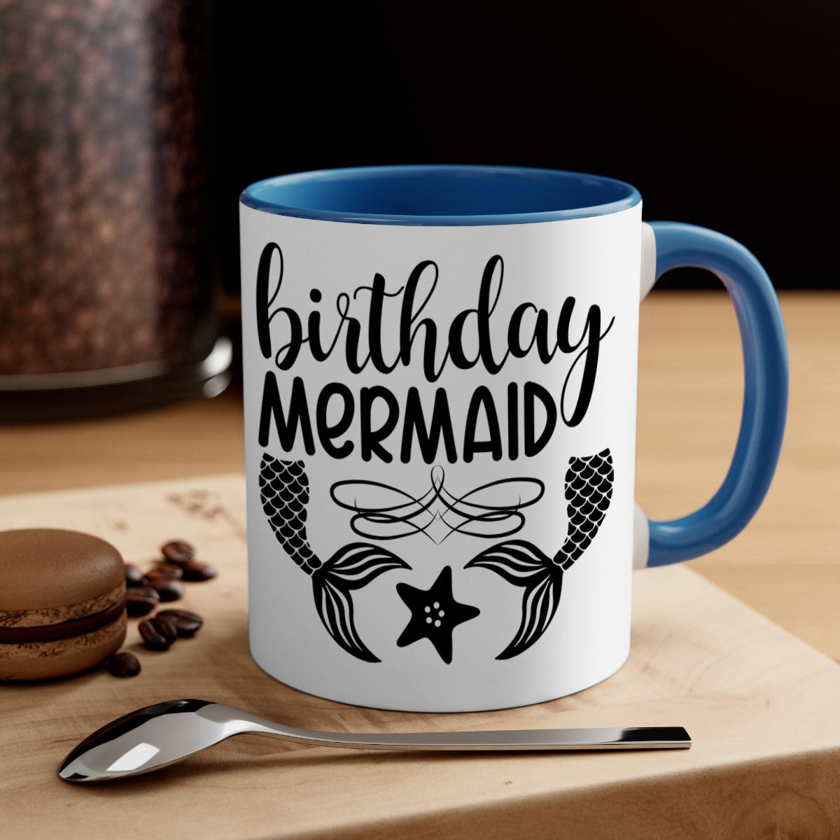 Birthday Mermaid Mug with colorful handle and glossy finish, available in multiple colors and sizes.