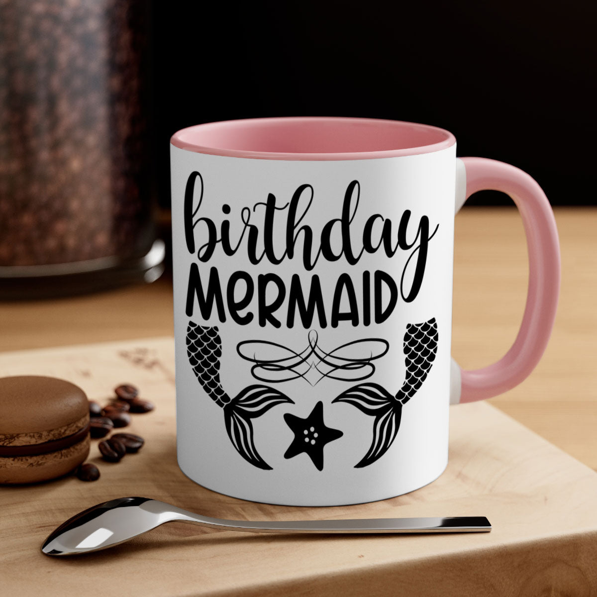 Birthday Mermaid Mug with colorful handle and glossy finish, available in multiple colors and sizes.