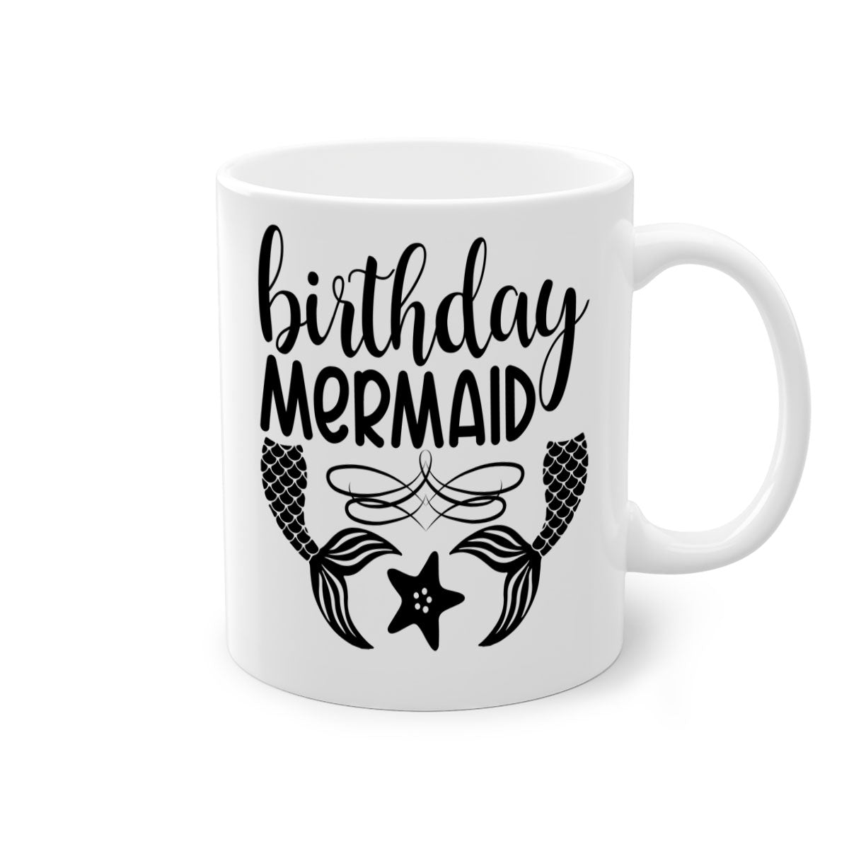 Birthday Mermaid Mug with colorful handle and glossy finish, available in multiple colors and sizes.