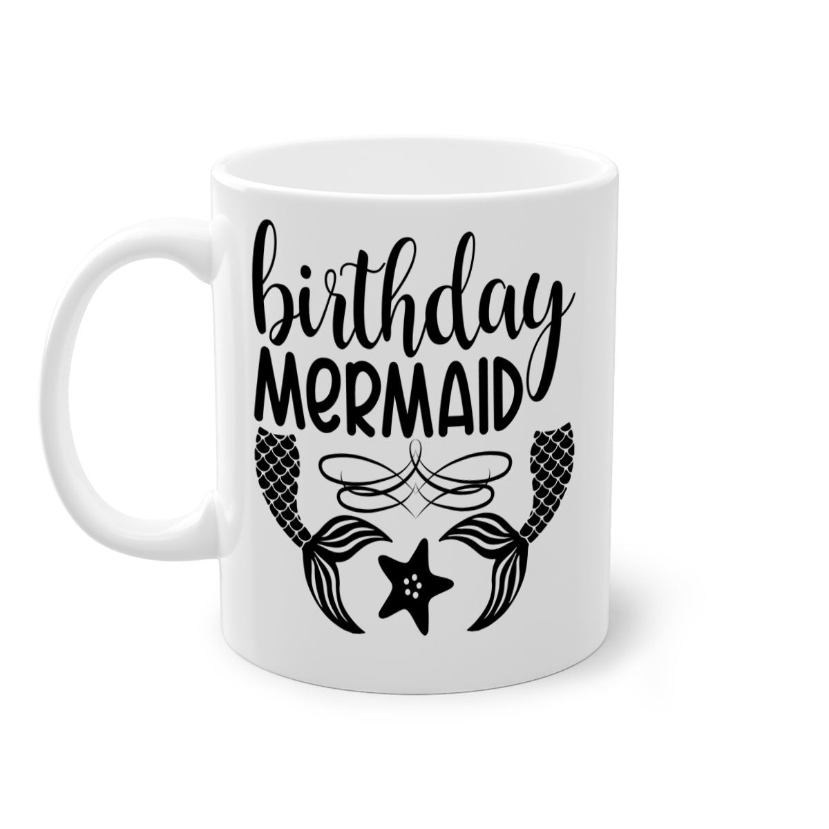 Birthday Mermaid Mug with colorful handle and glossy finish, available in multiple colors and sizes.