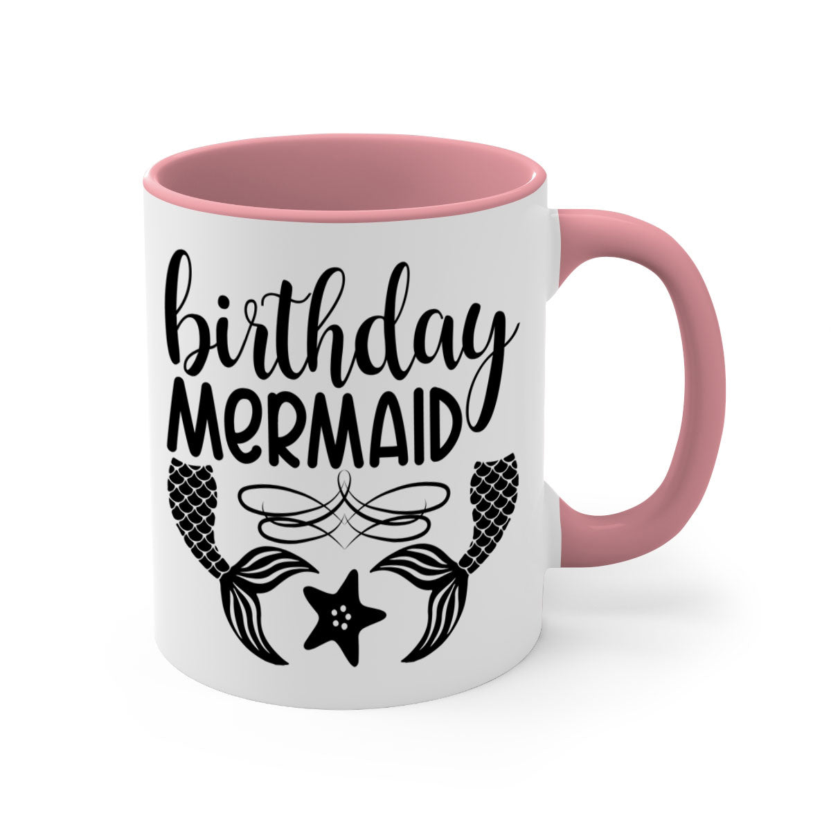 Birthday Mermaid Mug with colorful handle and glossy finish, available in multiple colors and sizes.